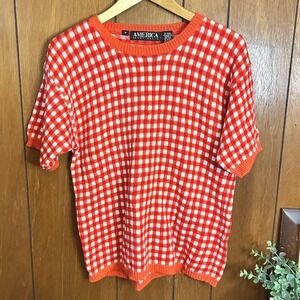 AMERICA Perry Ellis Red Gingham Knit Top‎ Short Sleeve Womens Medium